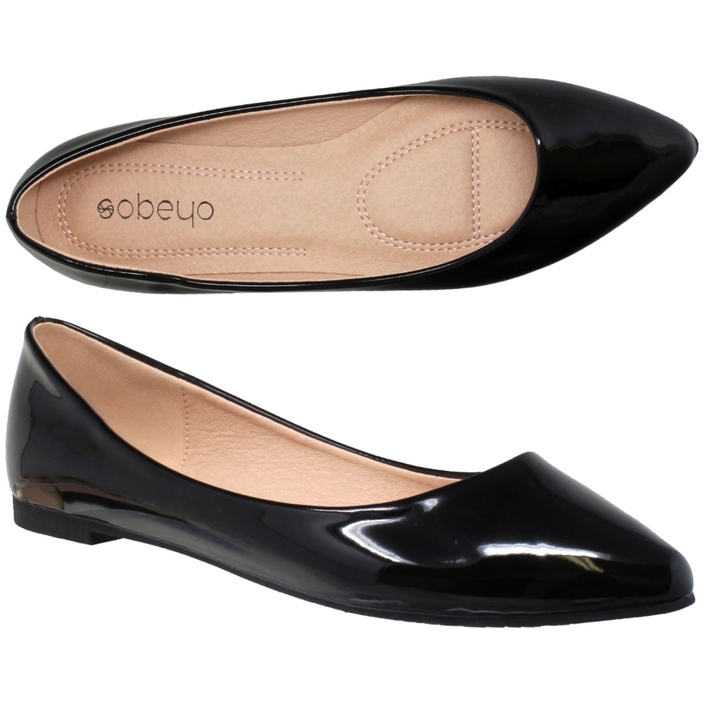 BLACK GLOSSY POINTED TOE BALLET FLAT SOBEYO DEE-02
